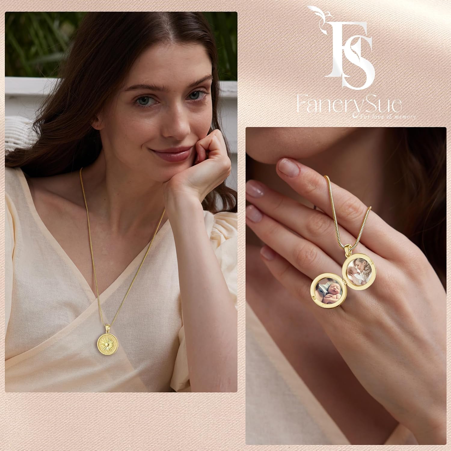 Fanery Sue Personalized Locket Necklace that Holds Pictures, Locket Necklaces Picture Pendant Jewelry Gifts for Women