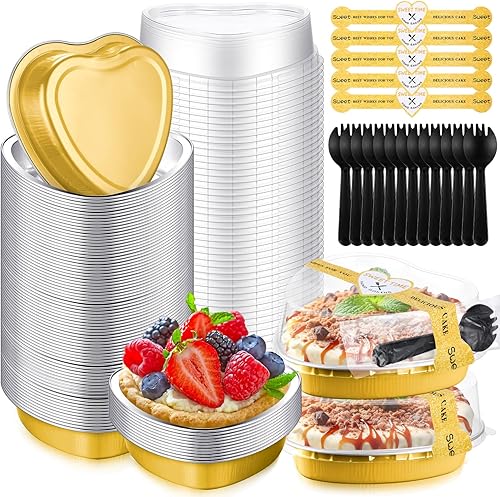 Yinkin 50 juegos de moldes para tartas en forma de corazón de 9 onzas para el día de San Valentín, moldes de papel de aluminio de 5.4 pulgadas con