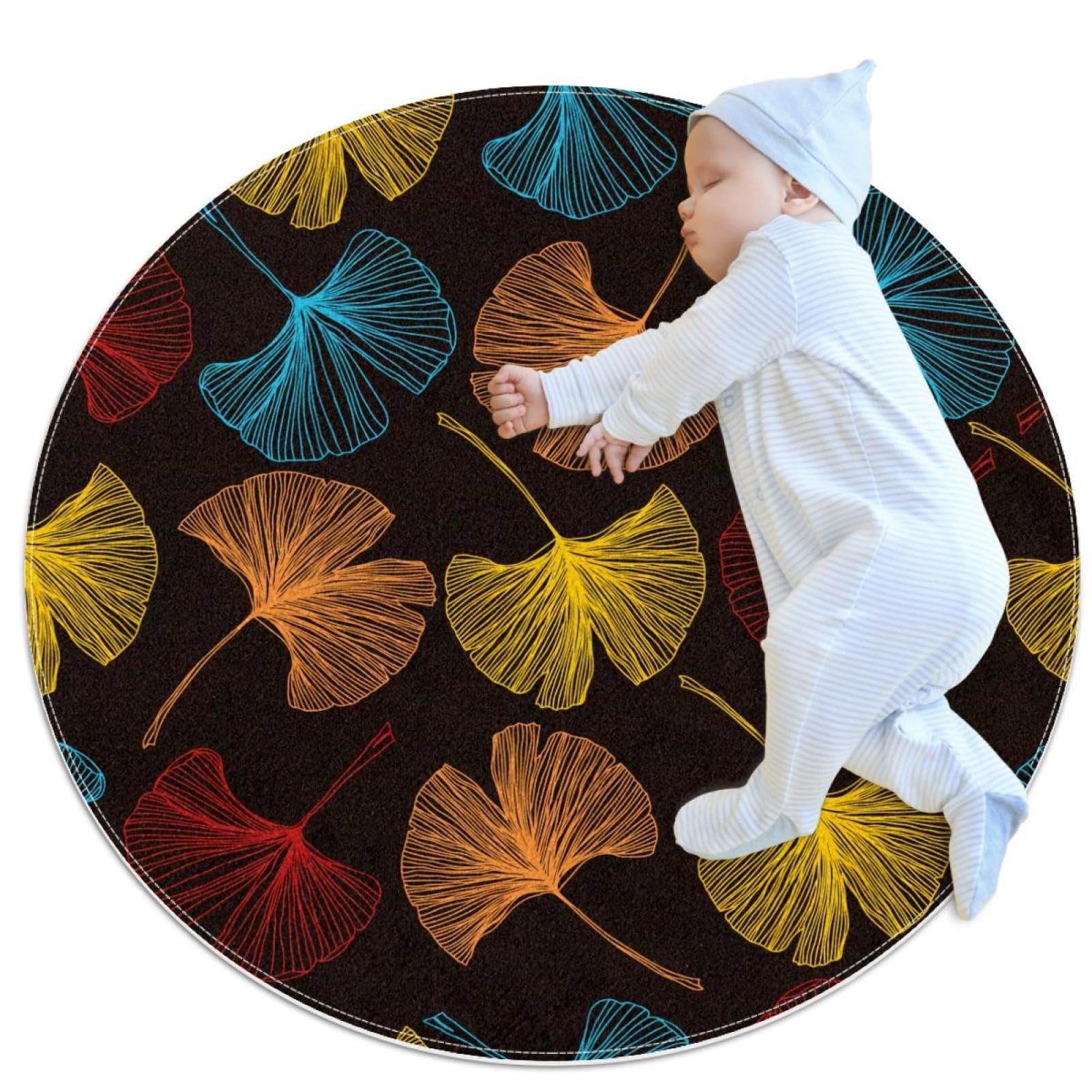 Tapis de salle de bain Ginkgo Biloba rond 1m antidérapant et noir