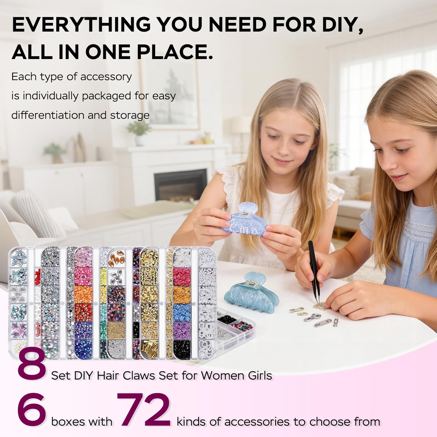 8 Sets DIY Hair Claw Clips Kit for Crafts, Acrylic Claw Clips Bulk with 72 Accessories & 4 Tools, Custom Hair Clip Making Kit, Resin Rhinestone Decor Claw Clip Set for Women Adults DIY Craft