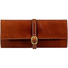 Time Resistance Leather Jewelry Roll - Cognac Brown Full Grain Leather Travel Jewelry Case - Jewellery Organizer Made in Italy