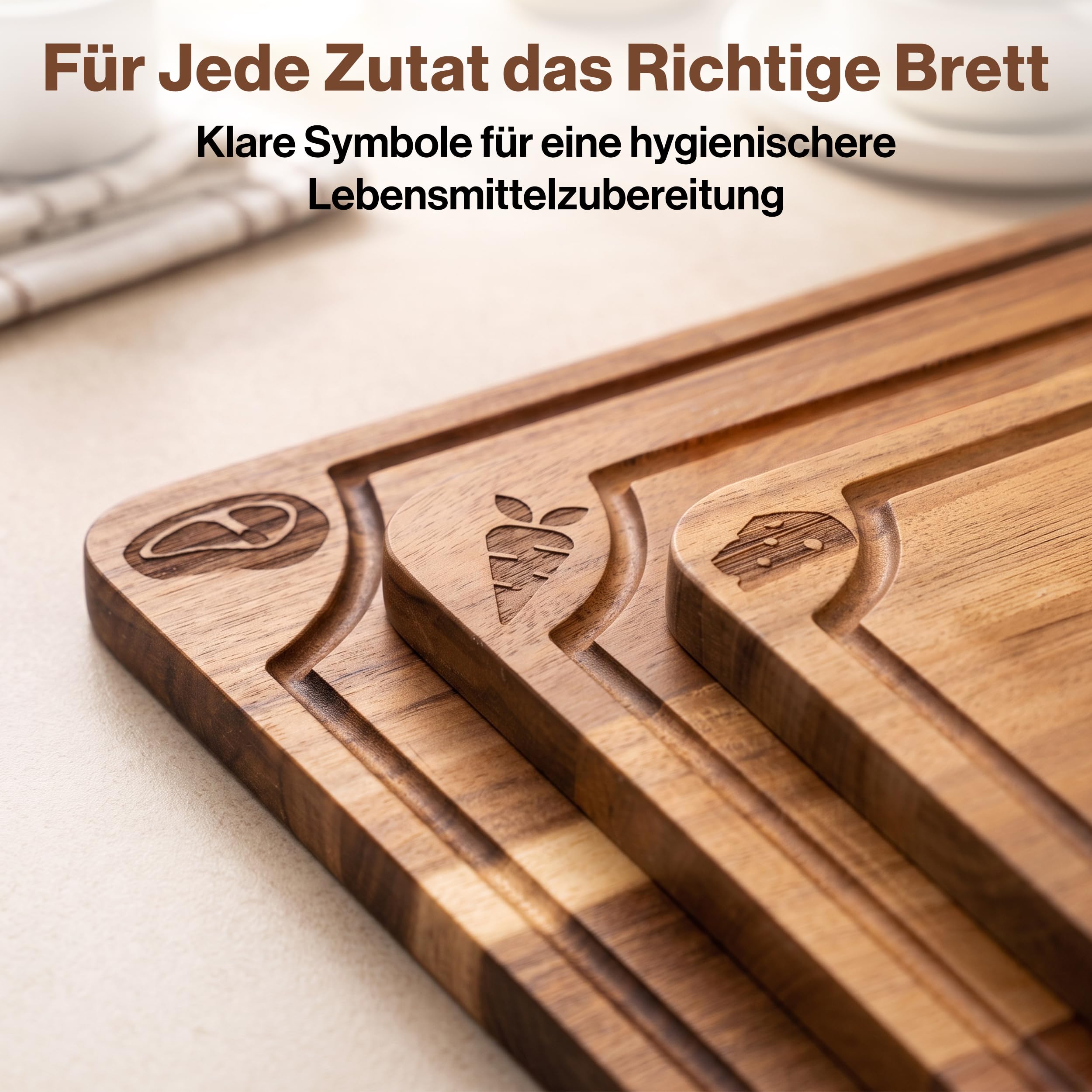 EDELHAUS Schneidebrett Holz 3er Set Akazie, Holzschnedebrett mit Saftrille | Schneidbretter ohne Mikroplastik aus Akazie 2 cm dick Holzbretter Küche mit Saftrille (40x30 / 33x24 / 25x18cm) Cutting Board