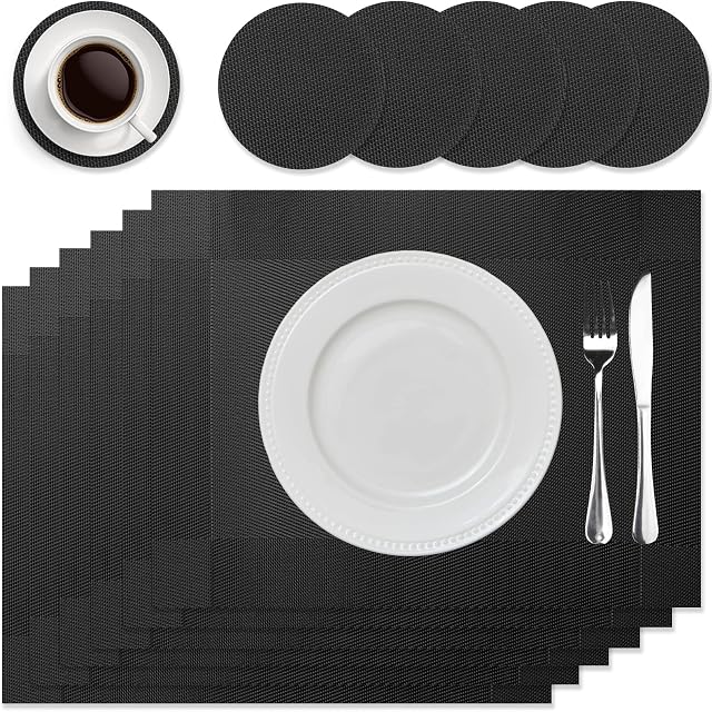 HEYOMART Placemats and Coasters Sets of 6, PVC Vinyl Table Mats Non-Slip Heat Resistant Washable Dinner Mats Place Mats for Kitchen Dining Table Home Restaurant, Black
