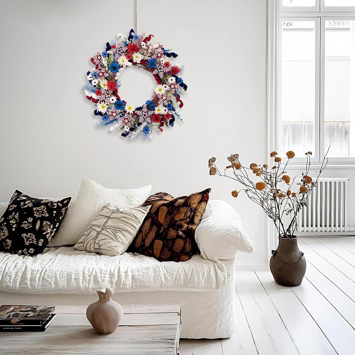 22 Inch Patriotic Wreath with Woven Stars, 4th of July Independence Day Memorial Day Front Door Decor with Red White Blue Velvet Spiral Accents, Grain Stems, Handmade Outdoor Patriotic Wreaths