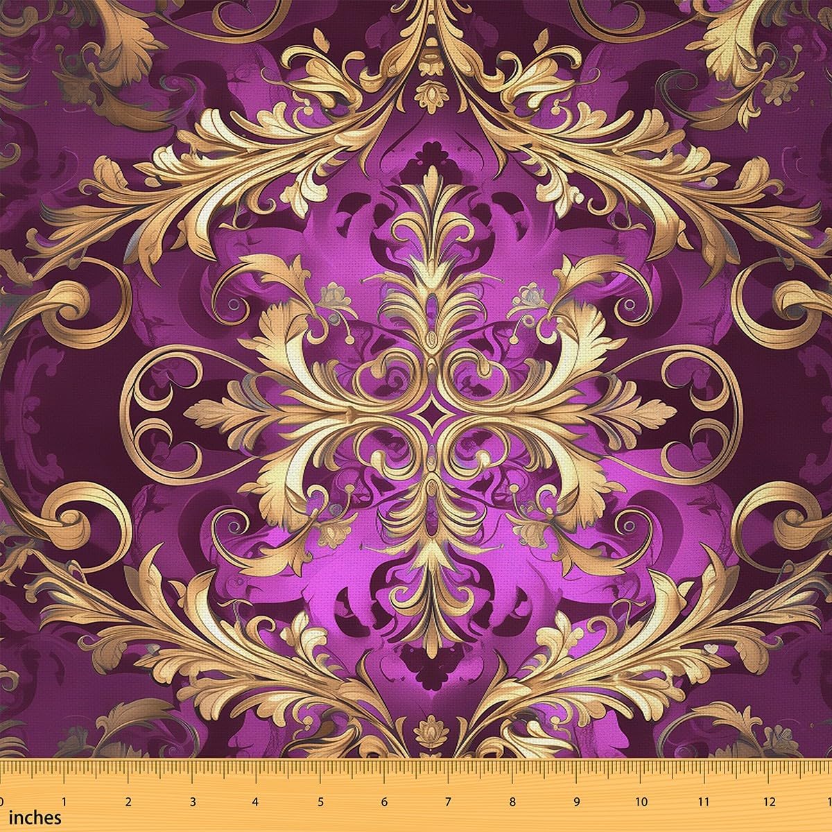 Erosebridal Golden Damask Fabric by The Yard - Vintage Florals Exotic Upholstery, Boho Aztec Indoor Outdoor, Victorian Baroque Luxury Decorative - Gold Purple, 5 Yards