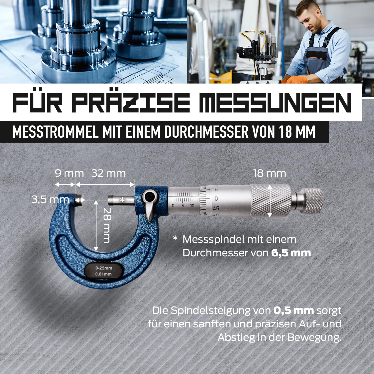 MIB Bügelmessschraube DIN 863, lackierter Bügel | Präzisionswerkzeug | Mikrometer mit HM-Messflächen | Mess- & Planwerkzeuge | Durchmesser Messgerät | Messbereich 0-25 mm | inkl. Einstellmaß