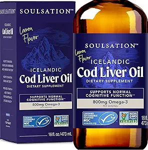 Icelandic Cod Liver Oil Liquid, Lemon (16oz) - Vitamins A & D, EPA & DHA - Helps Vision, Skin Membranes & Immune Function - MSC Certified, Non-GMO