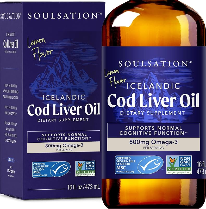 SOULSATION Óleo de fígado de bacalhau líquido com limão, 800 mg por porção, 473 mL