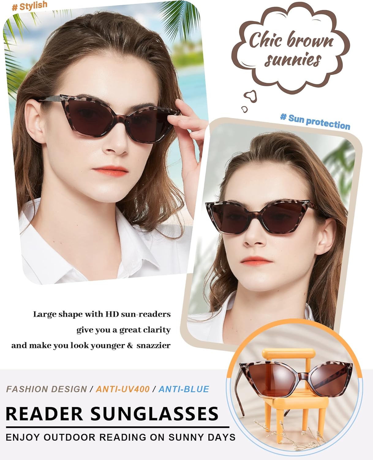 MARE AZZURO Cat Eye Reader Sunglasses 1.75+ Women UV Protection Outdoor Reading Glasses 1.0 1.25 1.5 1.75 2.0 2.25 2.5 2.75 3.0 3.5 4.0 (Leopard/Brown lens, 175)