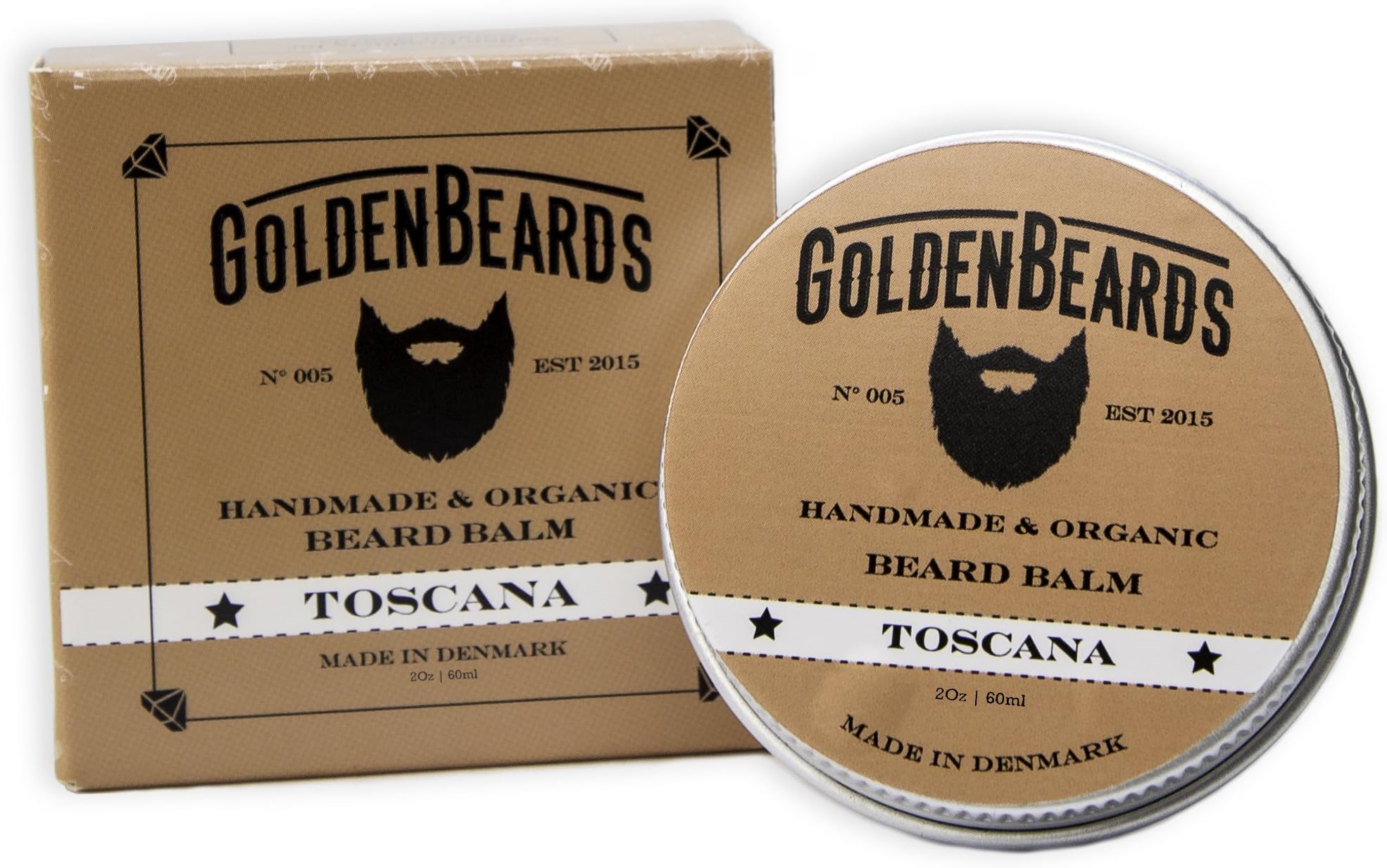 Organic Beard Balm -Toscana - 60ML - 100% Natural Golden Beards | Jojoba & Argan & Apricot Oil. All our products are 100% Handcrafted & Handmade. Made in Denmark