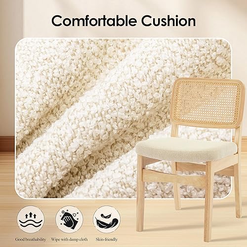 Miniatura 3 de Juego de 2 sillas de comedor de ratán, modernas sillas de comedor de granja con patas de madera maciza, sillas de cocina tapizadas con respaldo de