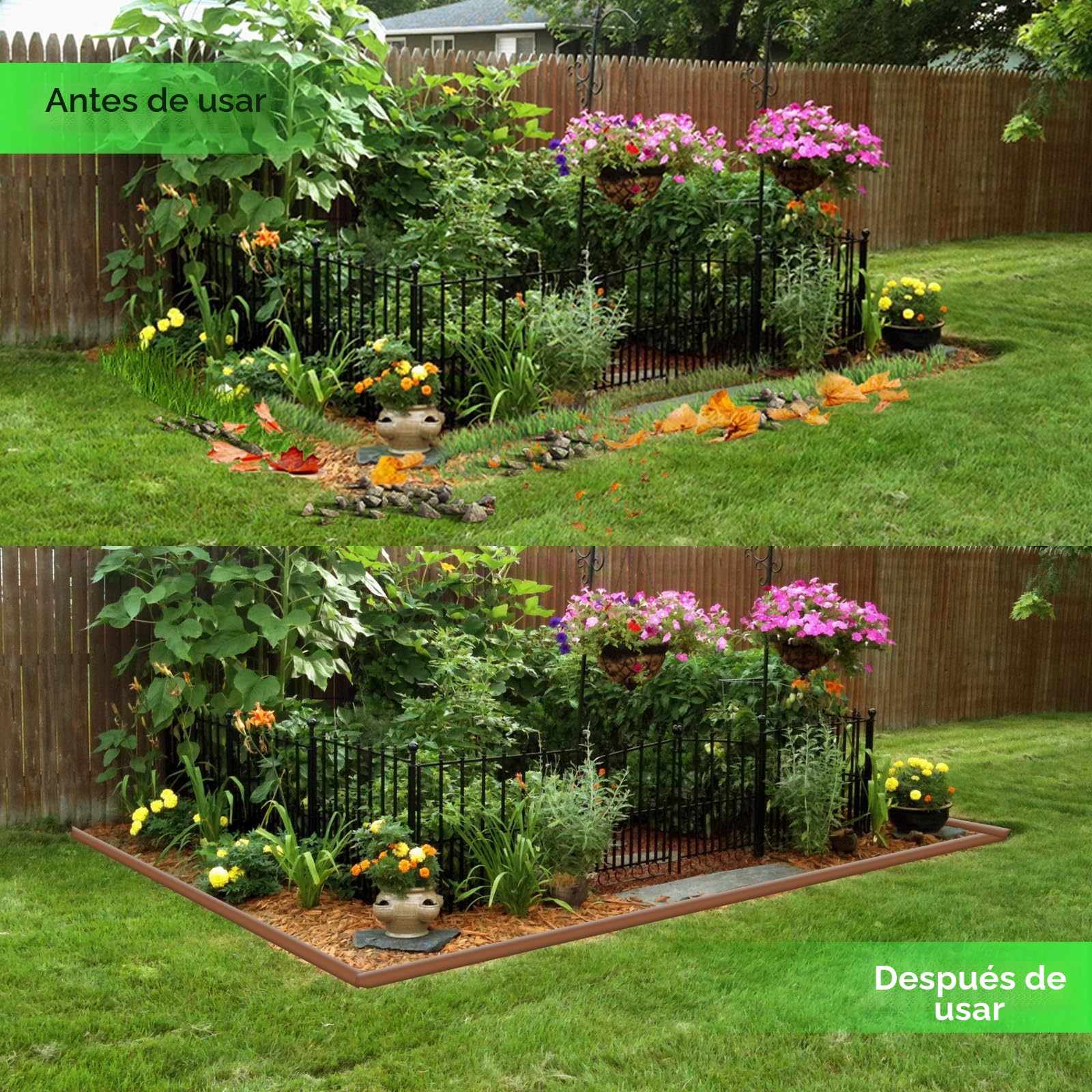 Bordura de Jardín Flexible 10 m con 60 Estacas – Borde para Césped de Plástico, Altura 5 cm – Separador para Parterres y Caminos, Marrón