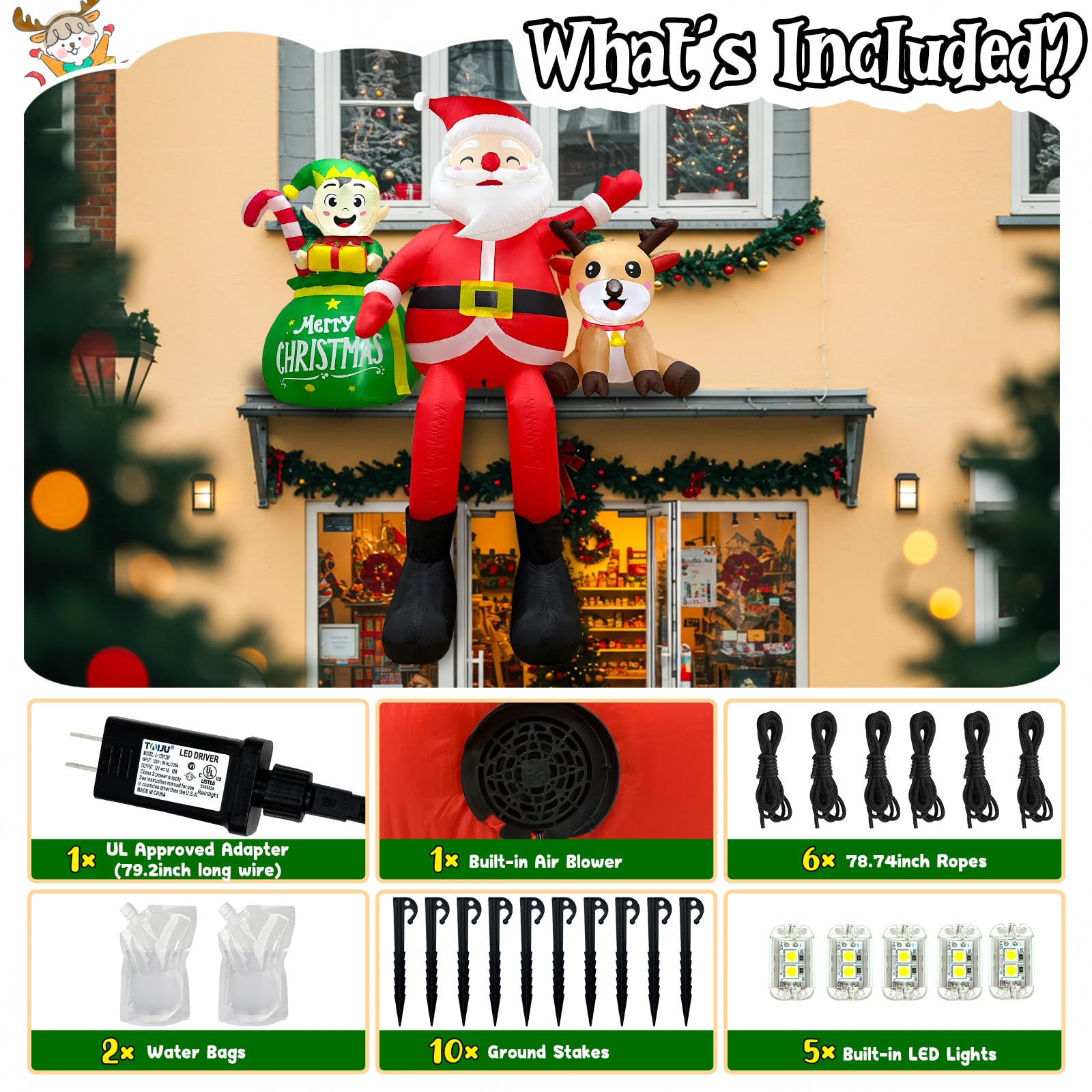 Père Noël gonflable de Noël avec sacs cadeaux, décorations d'extérieur, Père Noël géant gonflable assis sur le toit pour décoration de fête de Noël, cour, jardin, vacances