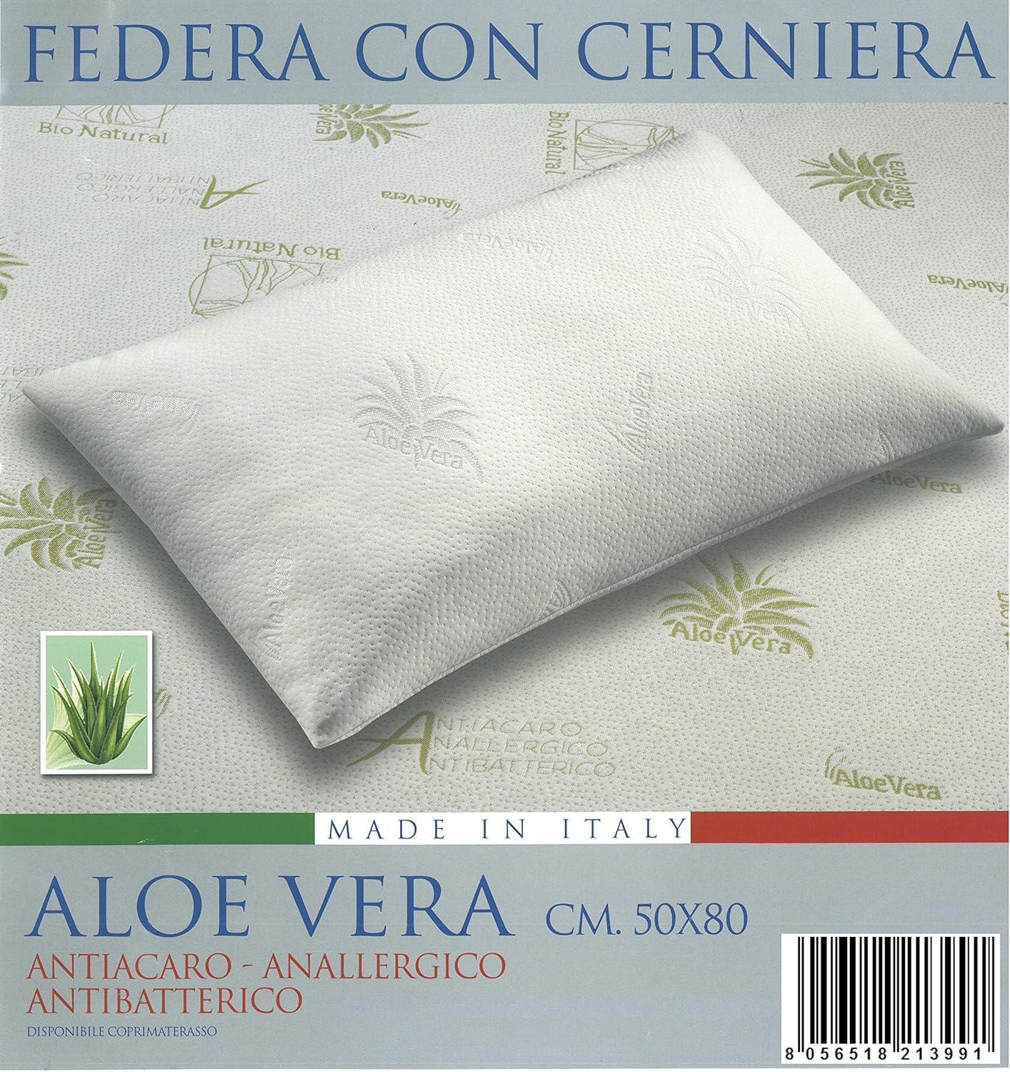 Euroricami Viterbo - Set di 4 Federe con Cerniera in Aloe Vera Antiacaro, Made in Italy - Fodere Protettive per Cuscino - Federa Guanciale di Alta qualità Traspirante, Anallergico e Antibatterico