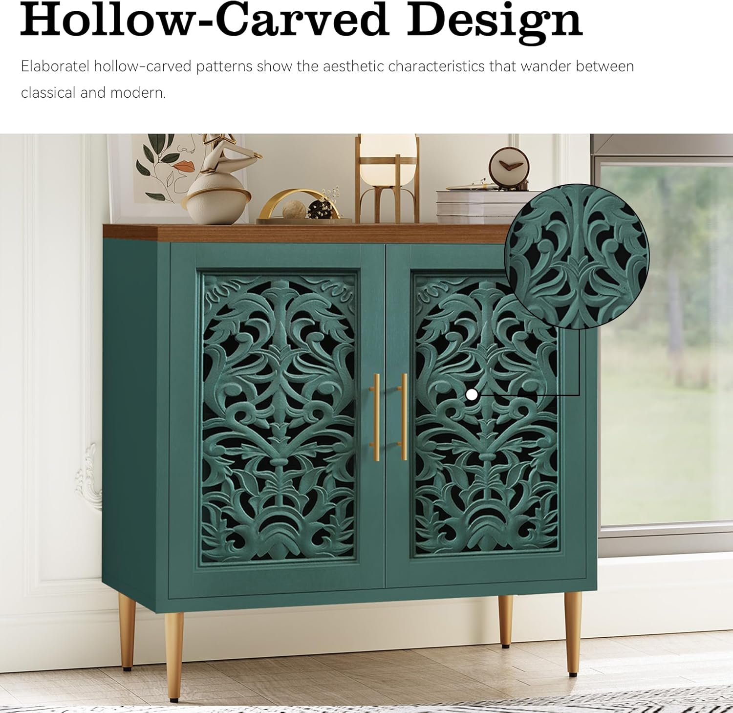 ARTPOWER Accent Cabinet with 2 Doors, Vintage Hollow Carving Buffet Cabinet, Sideboards and Buffets with Storage, Credenza for Living Room, Kitchen, Dining Room, Entryway, Hallway, Green