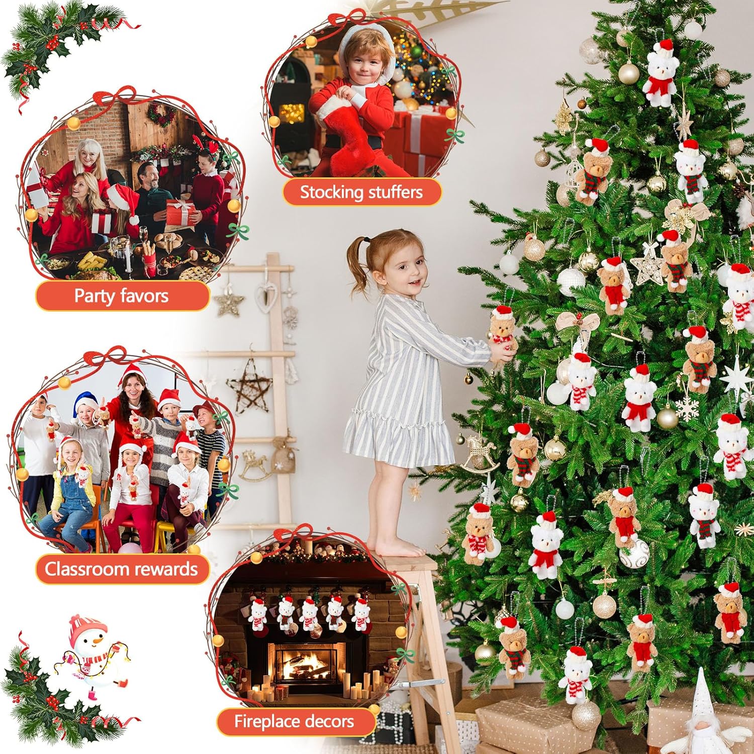 Liliful 24 Pcs Christmas Plush Bear Ornaments Bulk 6.3 Inch Cute Small Bear Stuffed Animal Keychains with Hat and Scarf for Christmas Tree Hanging Decorations Stocking Stuffers Birthday Party Favors
