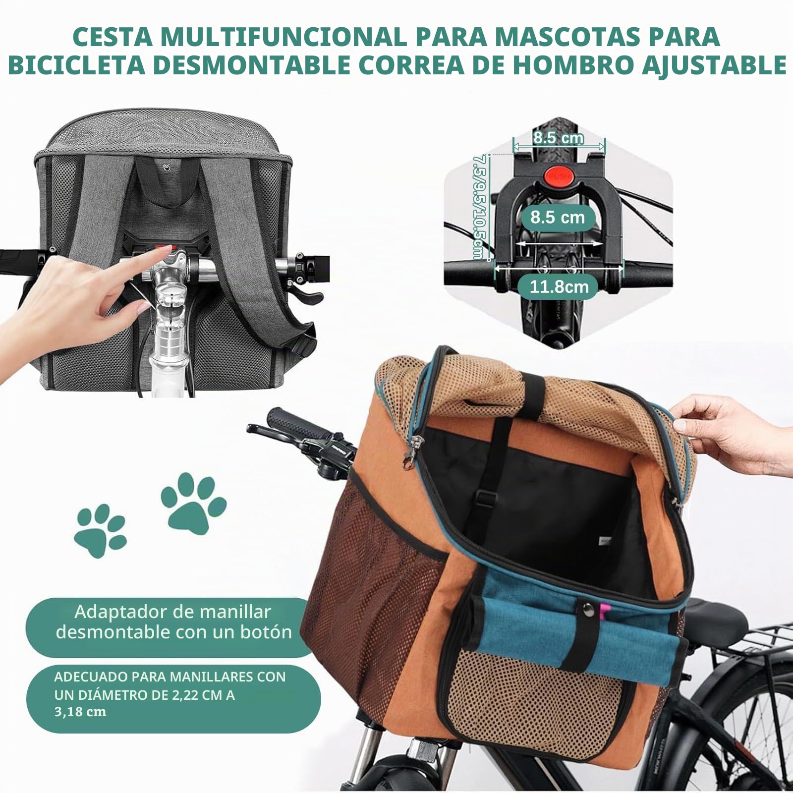 Cesta de bicicleta para mascotas con adaptador de manillar, plegable, desmontable, bolsa mochila para gato y perro