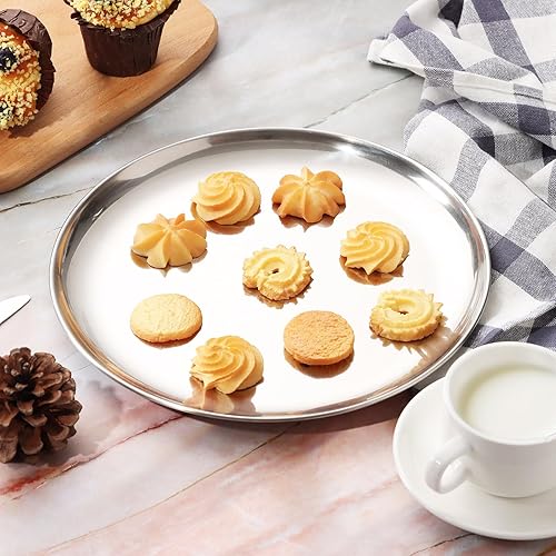 Miniatura 4 de P&P CHEF Bandeja redonda de acero inoxidable para pizza de 10 pulgadas, bandeja para hornear pizzas, bandeja para servir carne de galletas, horno y