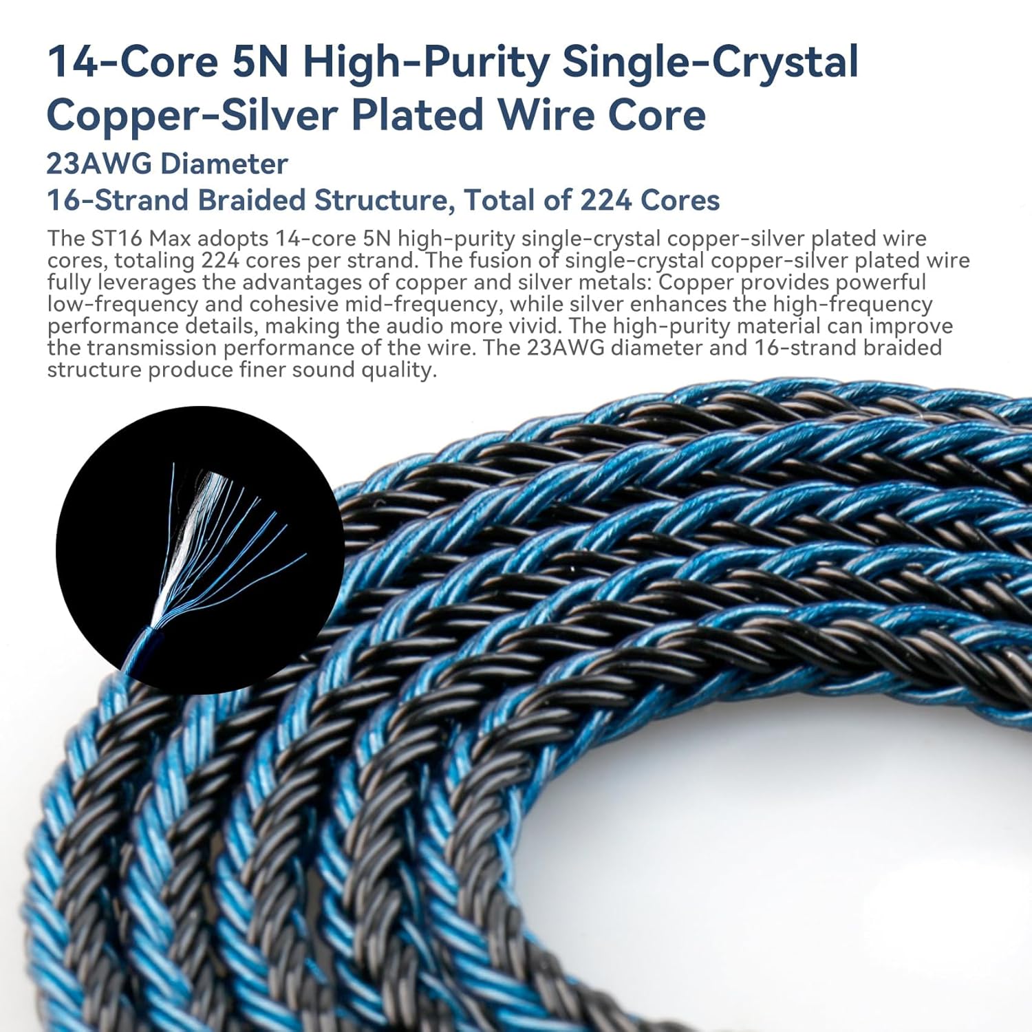 1.5m/5ft Long IEM Cable 2Pin, KBEAR ST16 Max Black in Ear Monitor Cable Earbud Wire, 16-Strand SPC HiFi Headphone Cable for Truthear x Crinacle Zero, Moondrop Blessing3, Kiwi Orchestra Lite etc