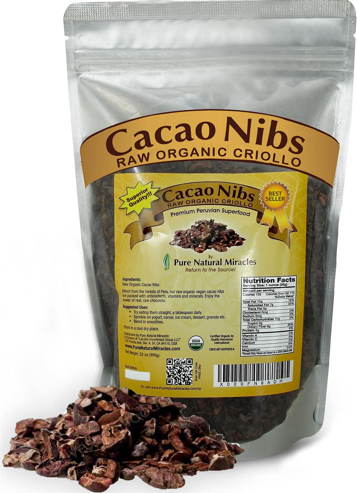 Pure Natural Miracles Cacao Nibs Unsweetened | Raw, Sugar Free, Organic Dark Chocolate Chips | Cocoa Beans for Brewing (32 oz / 2 Pound)