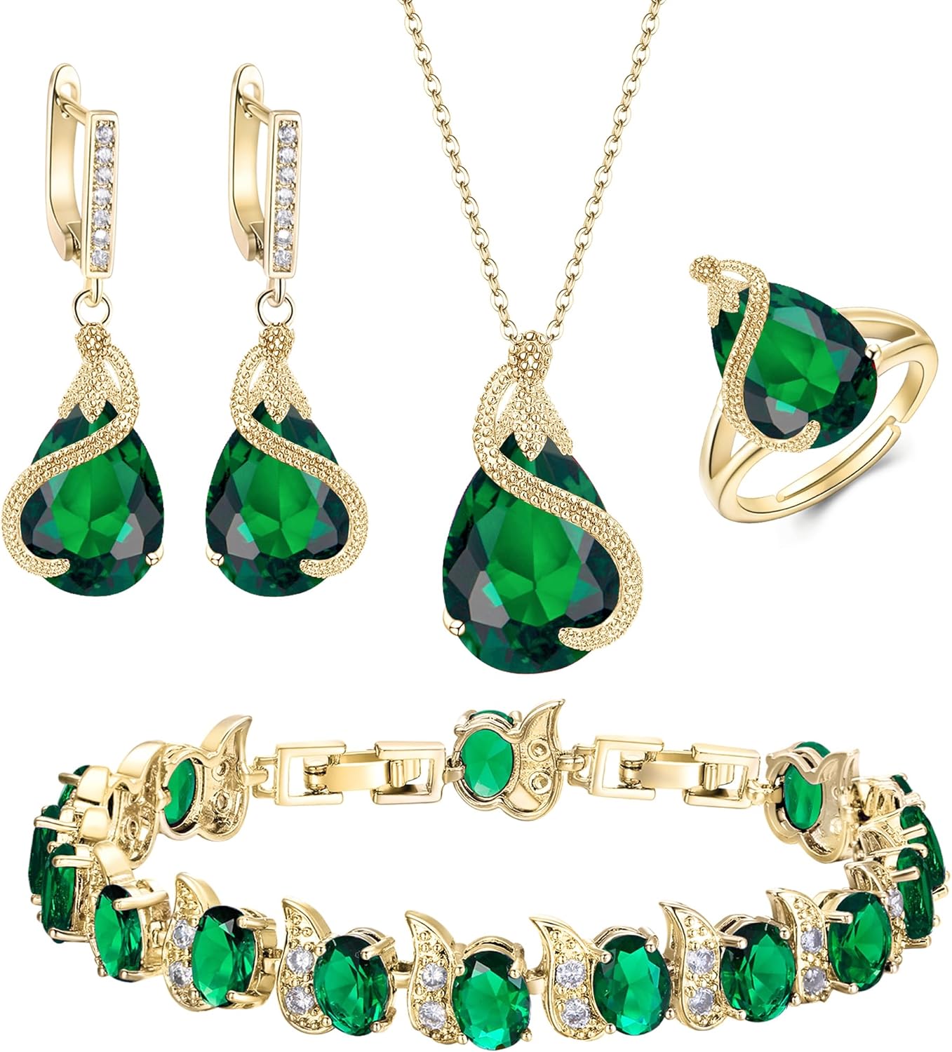 EVER FAITH Wedding Jewelry Set for Bride Bridesmaid, Glamour Teardrop Cubic Zirconia Pendant Necklace Earrings Tennis Bracelet Open Ring Sets for Birthday/Valentine's Day/Mother's Day/Christmas