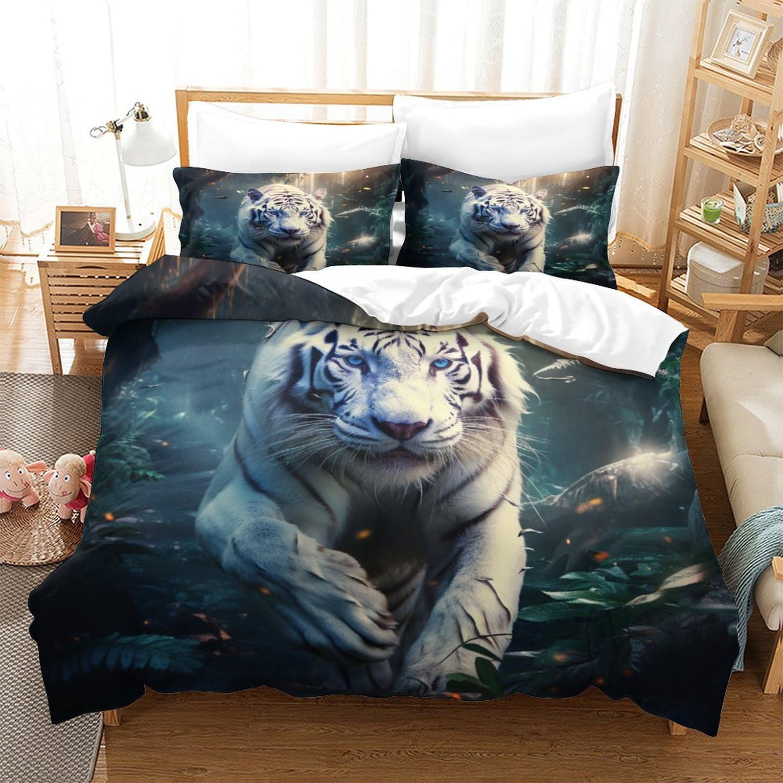 Linge de lit tigre blanc en microfibre housse de couette et taie d'oreiller enfant