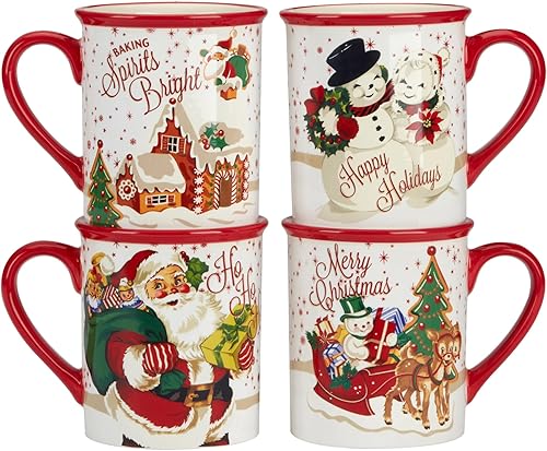 Miniatura 6 de Certified International Santa's Retro Set de 4 tazas 5.25" x 3.75" x 4.25" 18 onzas, ideal para cacao caliente junto a la chimenea, café, un café