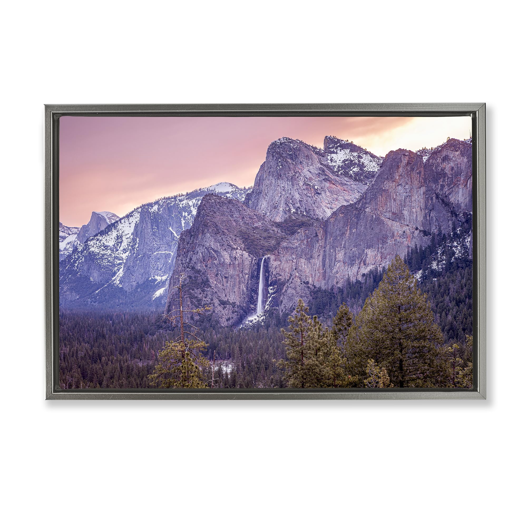 'Majestic Mountain Waterfall Sunset'| Floating Frame Canvas Art