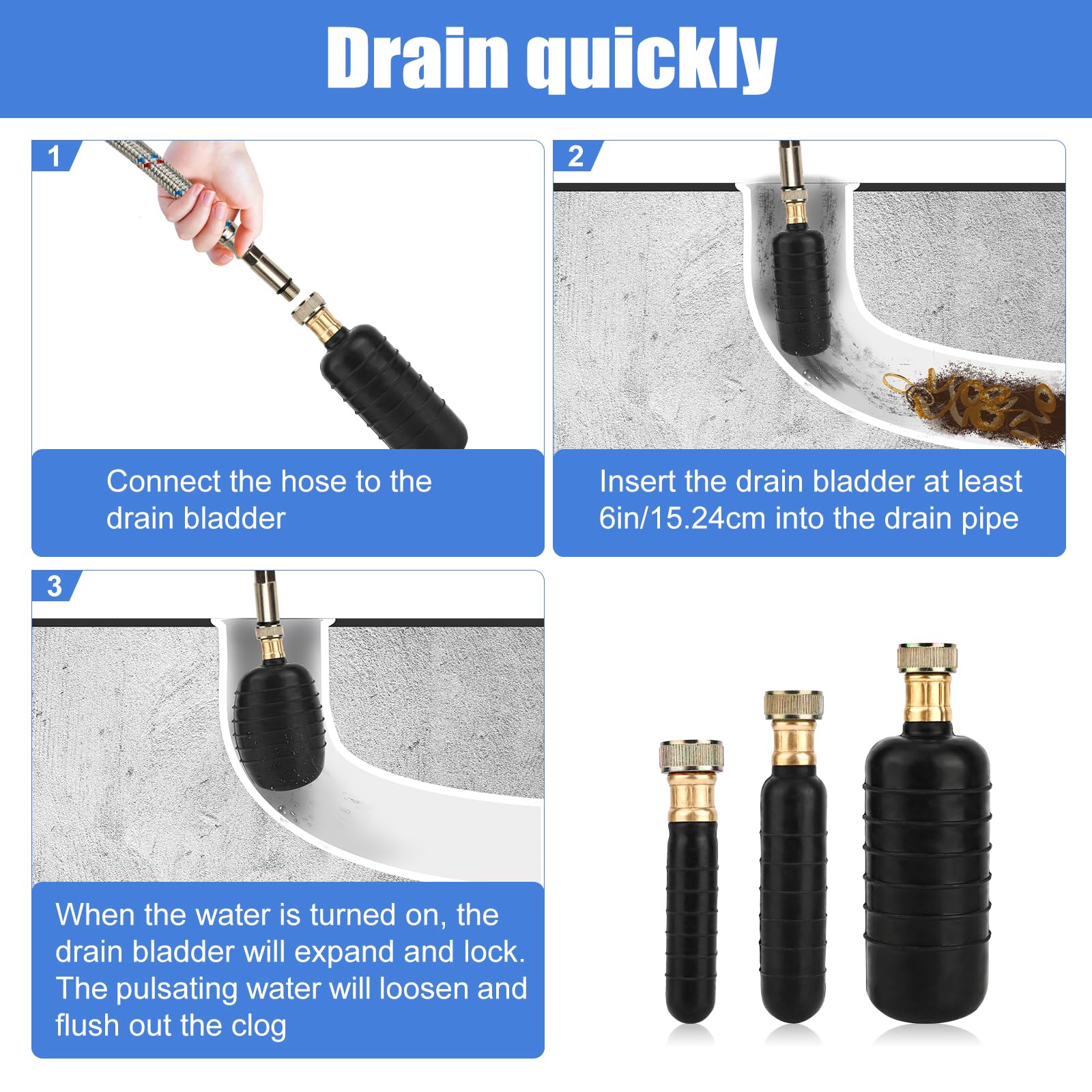 3pcs Vessies de Drainage en Caoutchouc Deboucheur Canalisation Professionnel Drain Cleaning Bladders WC Vessies de Vidange Déboucher Les Canalisations Principales et Les Égouts