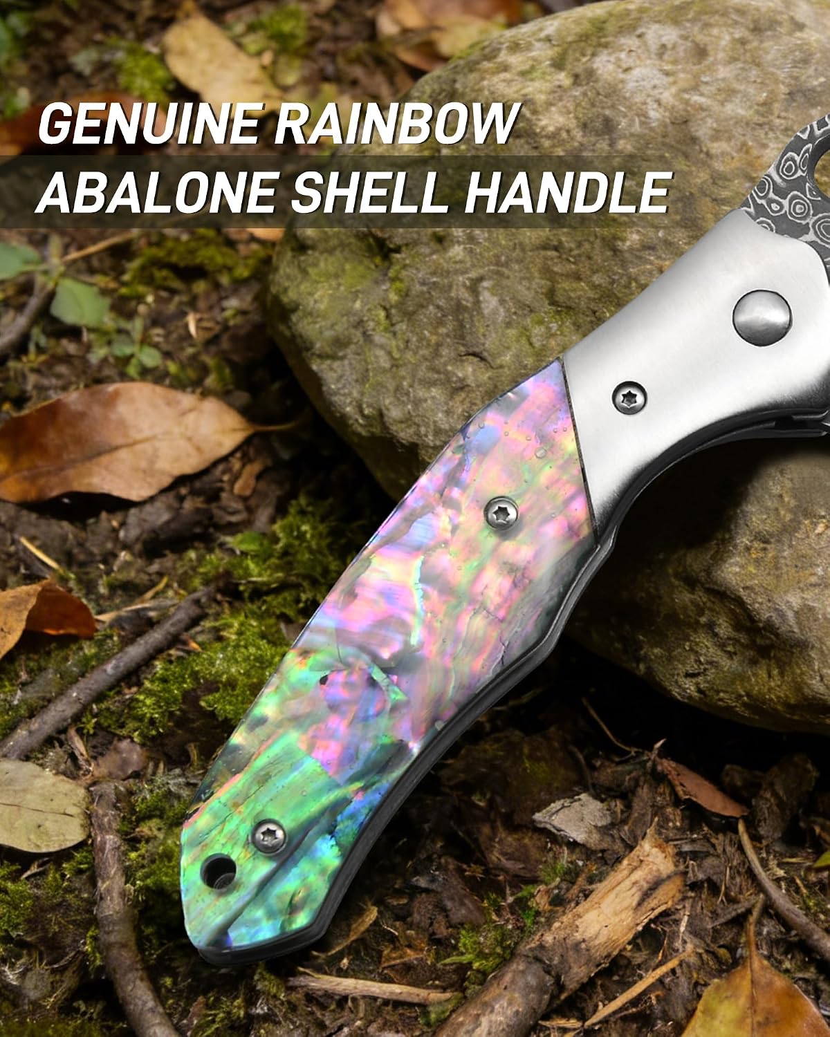 Damascus Folding Pocket Knife, 3.27" VG10 Steel Blade, Genuine Rainbow Handle Small EDC Knife with Pocket Clip for Men Women, Camping Hiking Utility Knife