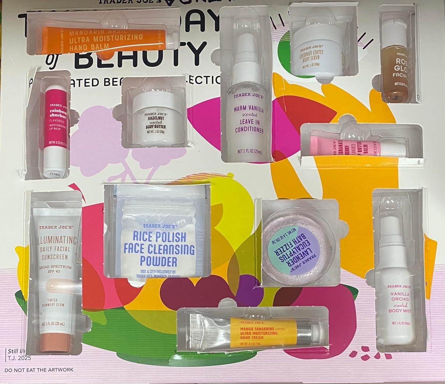 Trader Joe's Twelve Days of Beauty Valentine Gift, Curated Collection of 12 Premium Skincare & Hair Care Balm, Cream, Mist, Scrub, Butter, Fizz, Conditioner, Oil Limited Edition Set