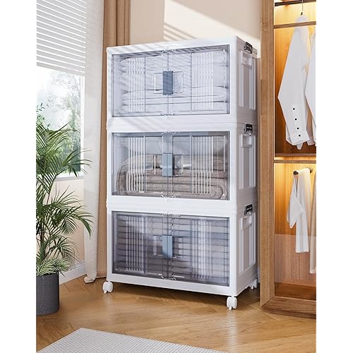 OlarHike 76QT Lockable Storage Bins with Lids - Folding Storage box with Doors and Wheels, Collapsible Plastic Bins for Closets, Stackable Organizer and Containers, Christmas Gifts, 3 Pack Cubes