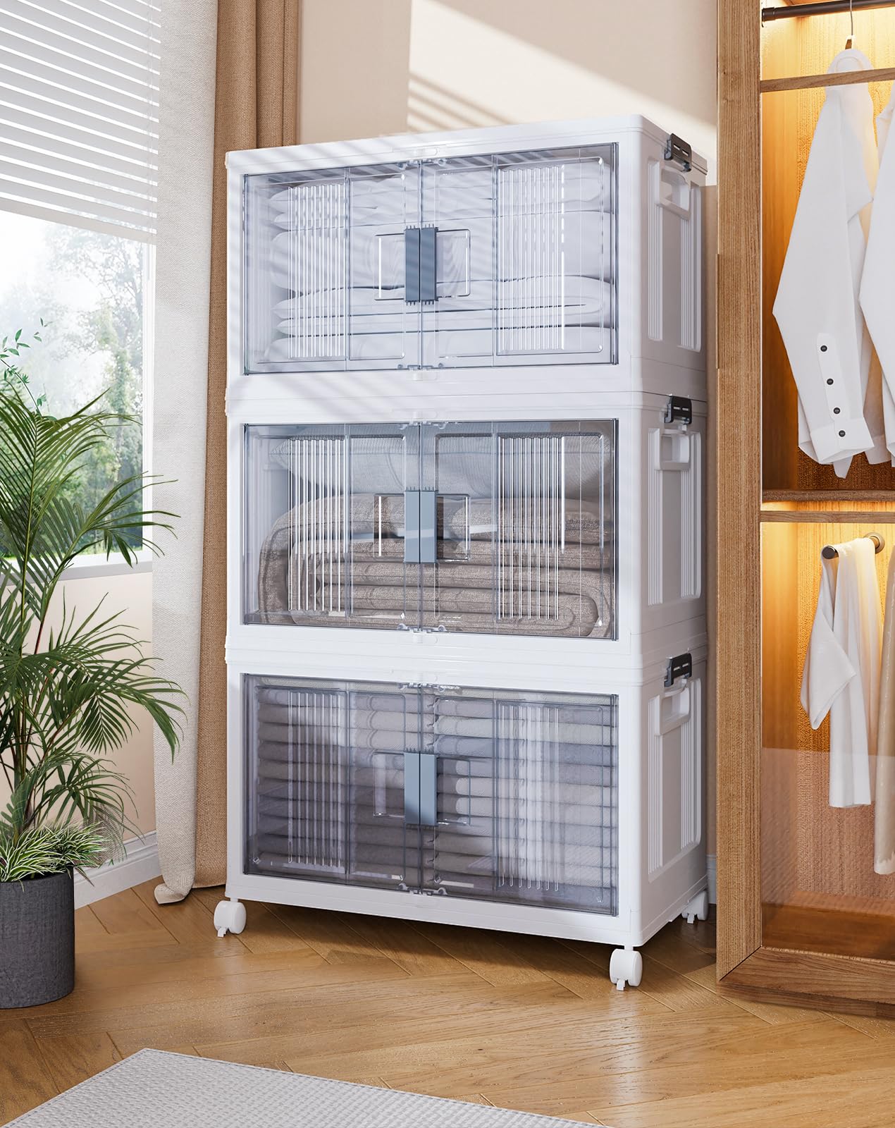 olarhike 76qt stackable storage bins with lids - folding storage boxes with doors and wheels, collapsible plastic storage organizer for closets, storage and organization, 3 pack cubes