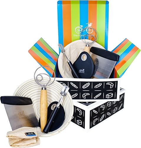 Kit de regalo artesanal para hornear pan de masa madre | Cesta de prueba de pan Banneton de 9 pulgadas | Batidor de masa | Puntuación de pan cojo |