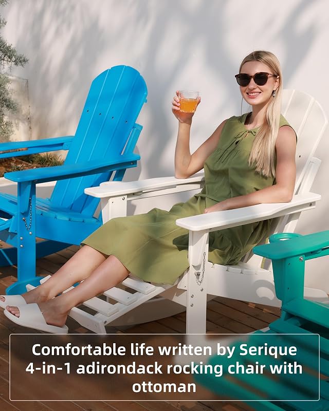 Serique Folding Adirondack Rocking Chair 4-in-1 Retractable Ottoman,Grey image 7
