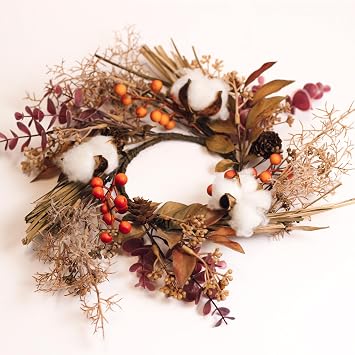 A Cheerful Giver Small Wreath Candle Ring Cotton Woods Artificial Floral Decor for Candles Centerpieces & Home Accents