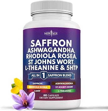 NEW AGE Saffron Supplements with Ashwagandha - Support with L-Theanine, Ginkgo Biloba, St. Johns Wort, Rhodiola Rosea & 5-HTP - Saffron 60 Count
