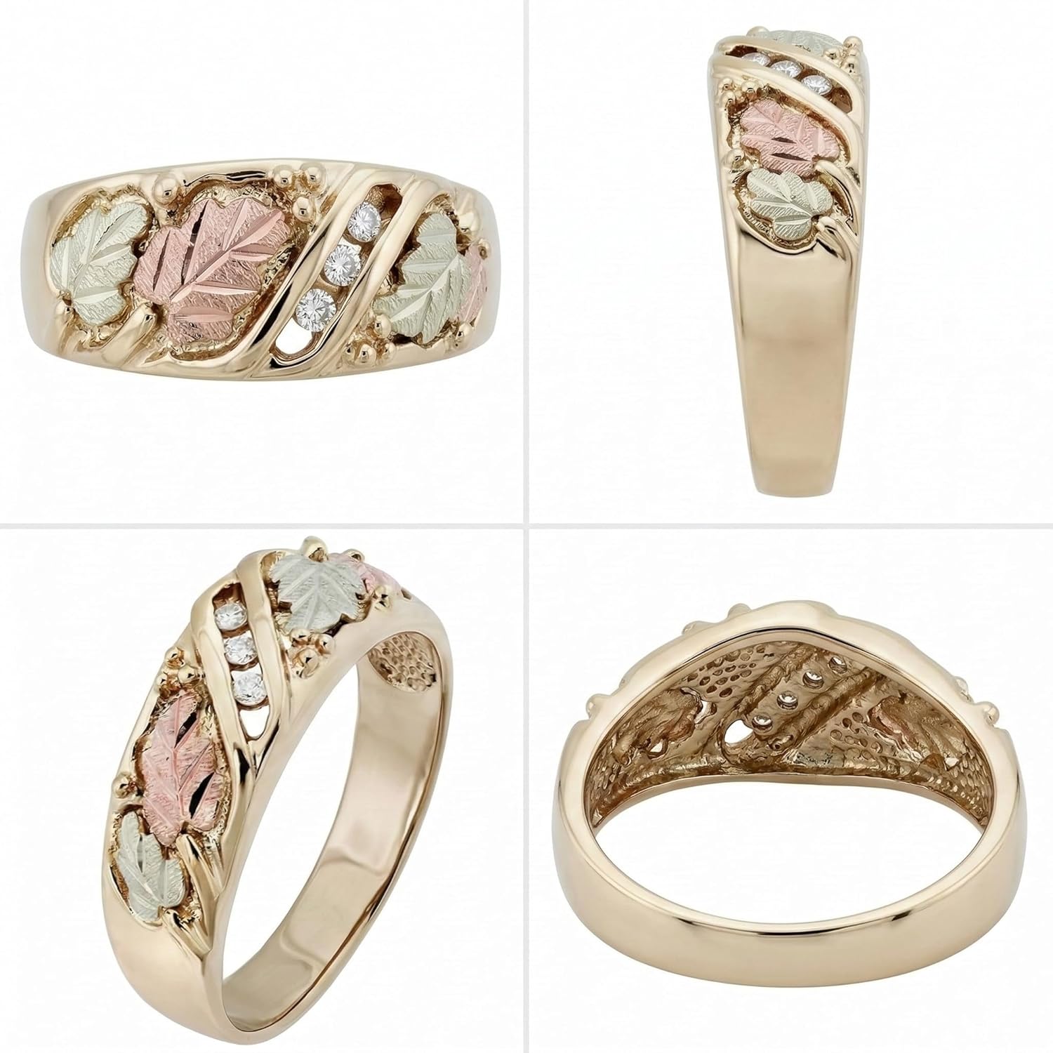 10k Yellow Gold Diamond Wedding Ring for Women, 7.24mm Wide, Adorned with 12k Green and Rose Black Hills Gold Leaf Accents, .06 Ctw, JK Color, SI1 Clarity – Ideal for Weddings and Anniversaries