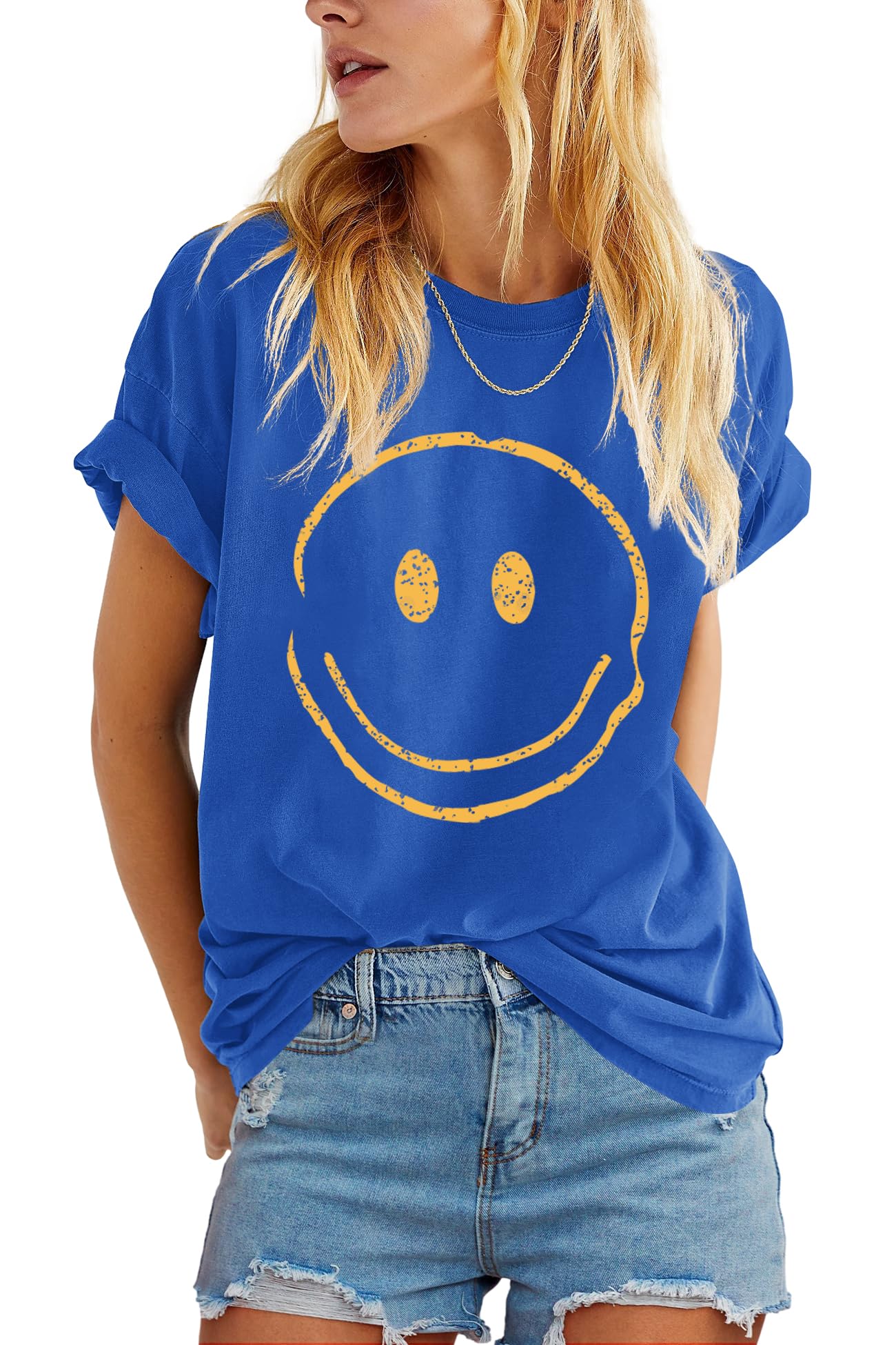 ReachMe Womens Summer Cute Smile Face T-Shirts Trendy Vintage Graphic Tops Casual Loose Short Sleeve Tee Shirts