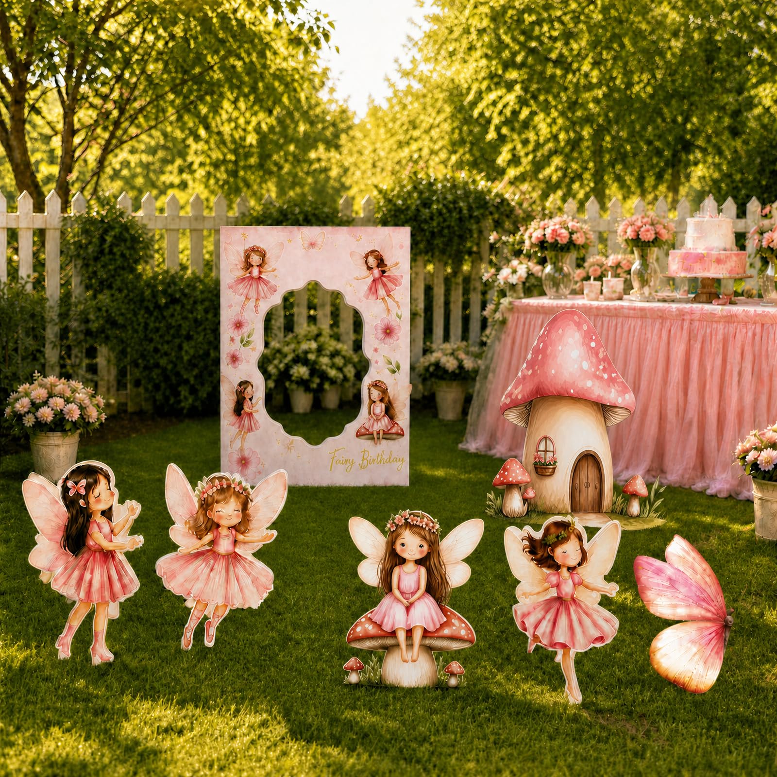 7 decoraciones de cumpleaños de hadas, recortes grandes de cartón con soporte