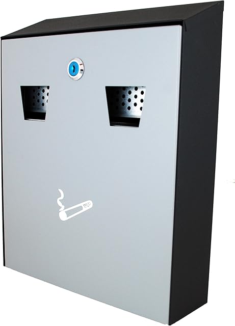 Buckingham Wall Mounted Outdoor Cigarette Bin, Ashtray , Ash Bin, Heavy Duty Ashtray ,Pubs , Clubs, Office,Home ,Luminous Cigarette Motif, Smoking, Lockable, Commercial Premium Quality-Grey/Black