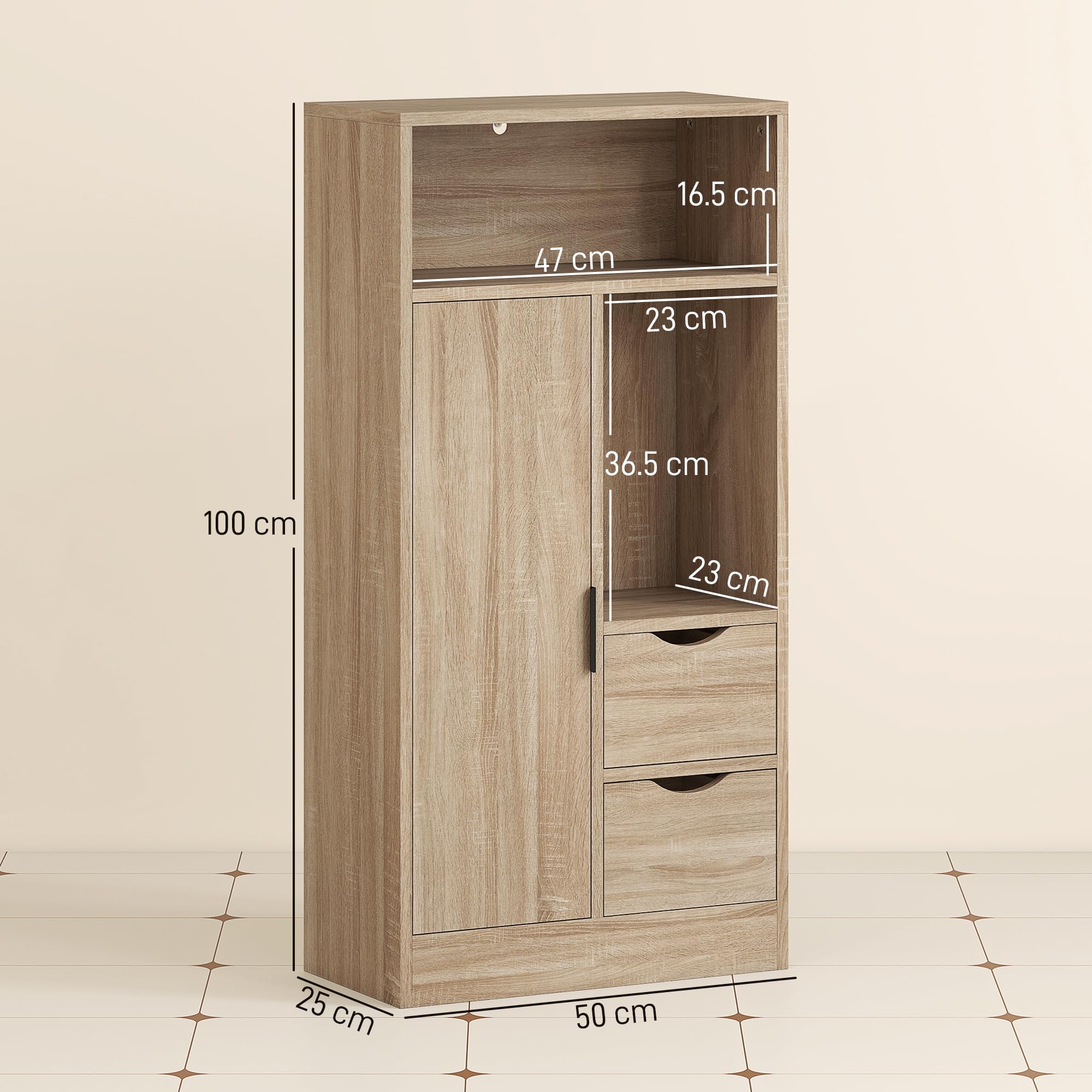 HOMCOM Mobiletto Bagno Salvaspazio Slim, Mobile Bagno con 2 Cassetti, Ripiani Regolabili a 3 Livelli e Armadietto, Stile Nordico, 50x25x100 cm, Legno Naturale