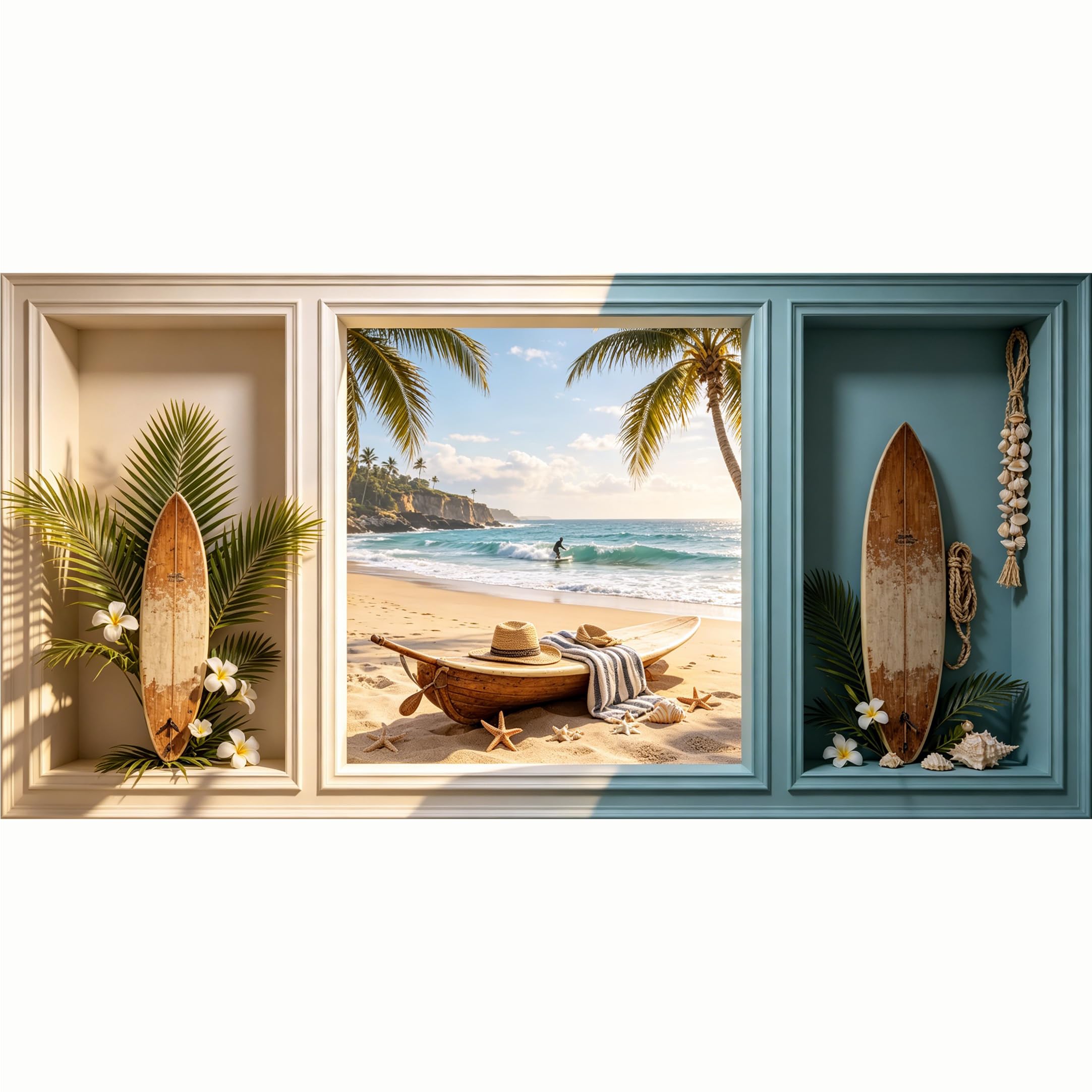 QZLITHOTIC 50x100cm 3D Framed Wall Art， Coastal Tropical Surfboard Beach Scene Self‑Adhesive Mural， Water‑Activated Peel & Stick Fabric Decor Wall Decal for Bedroom Living Room