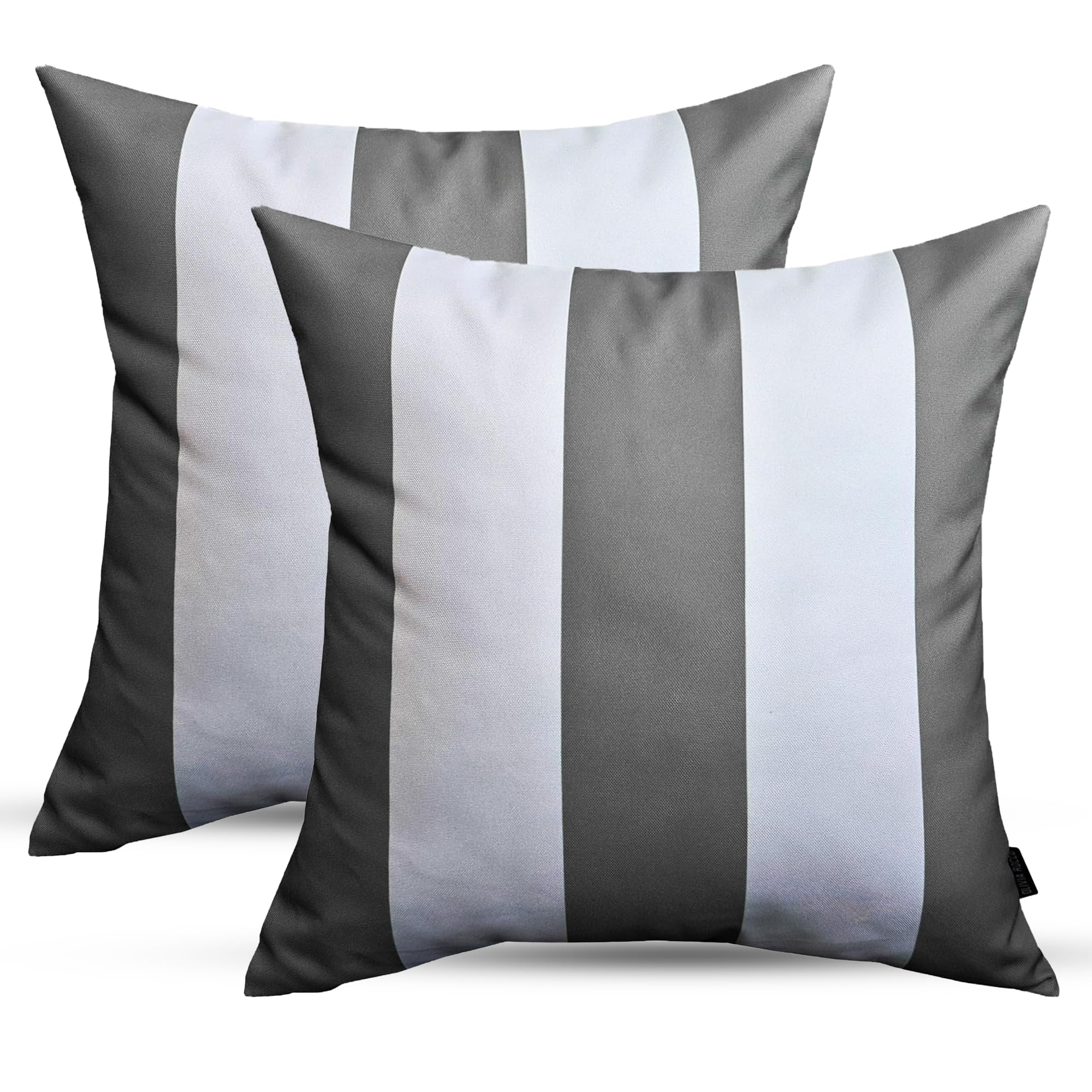 POSHLIVING 2 Pack Outdoor Cushions Waterproof FILLED 45x45cm With Invisible Zippered Outdoor Garden Cushions Waterproof 18"x18" With Cushion Covers & Pillow For Living Room Garden Sofa (Stripe Grey)