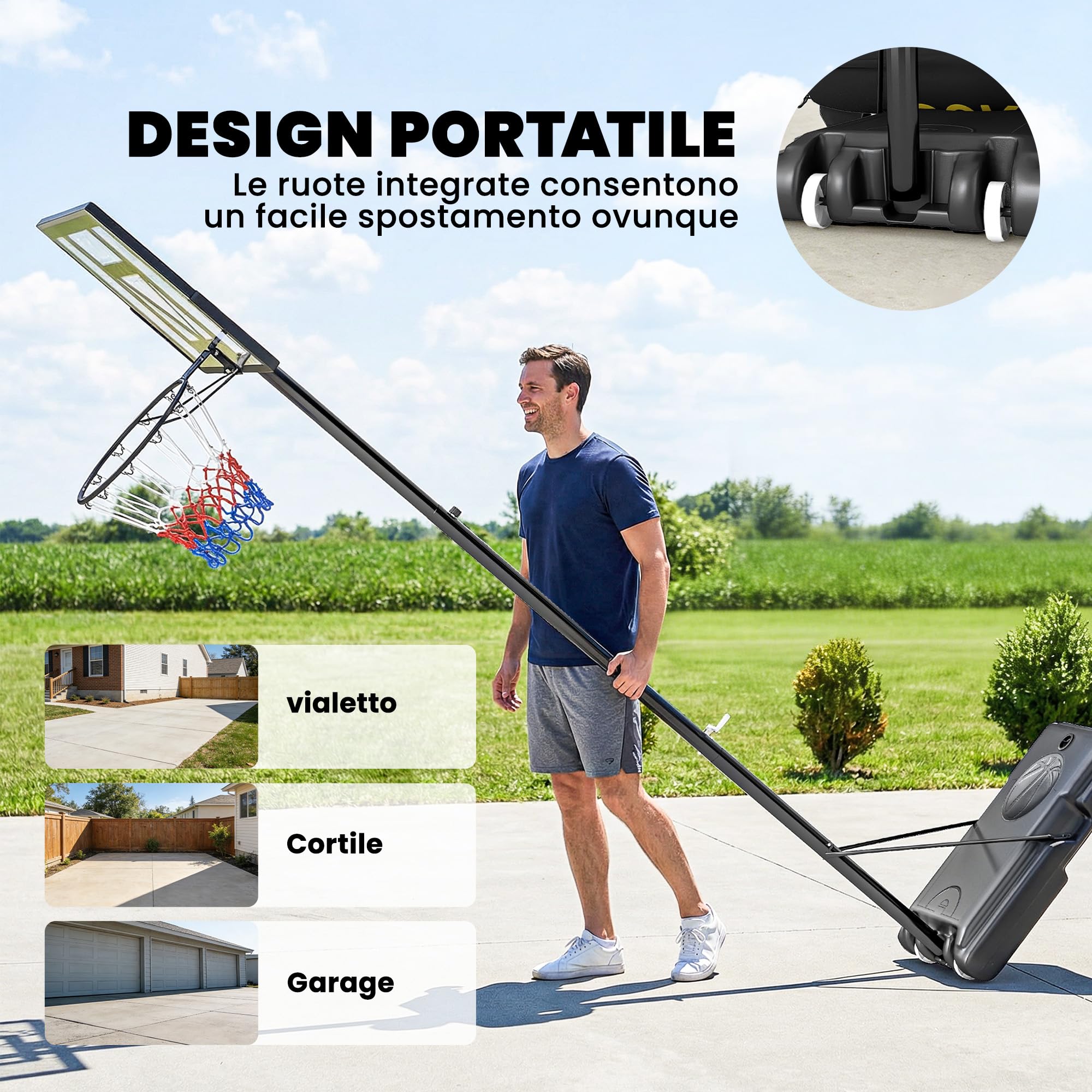 SPORTNOW Canestro Basket Esterno Regolabile in Altezza 135-305 cm, Canestro da Basket con Ruote, Base Riempibile, Sacco di Peso, Tabellone Infrangibile, Portatile per Interno Adulti Adolescenti, Nero