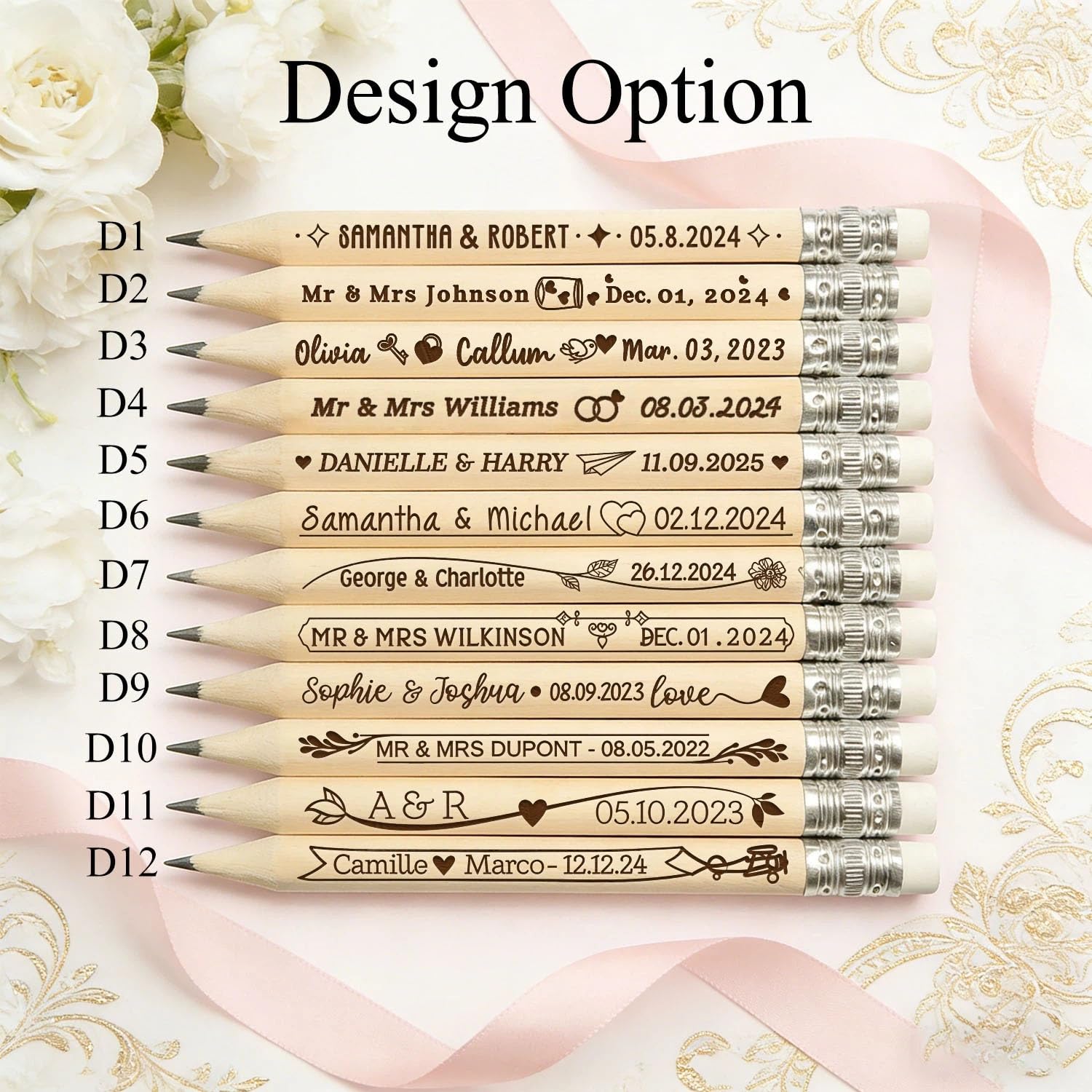 Individuell Gravierte Holzstifte Mit Radiergummi Für Die Hochzeit, Personalisierte Stifte Mit Namen Für Gästebücher Und Sitzpläne, Hochzeitsgeschenke Für Die Gäste(100pcs)