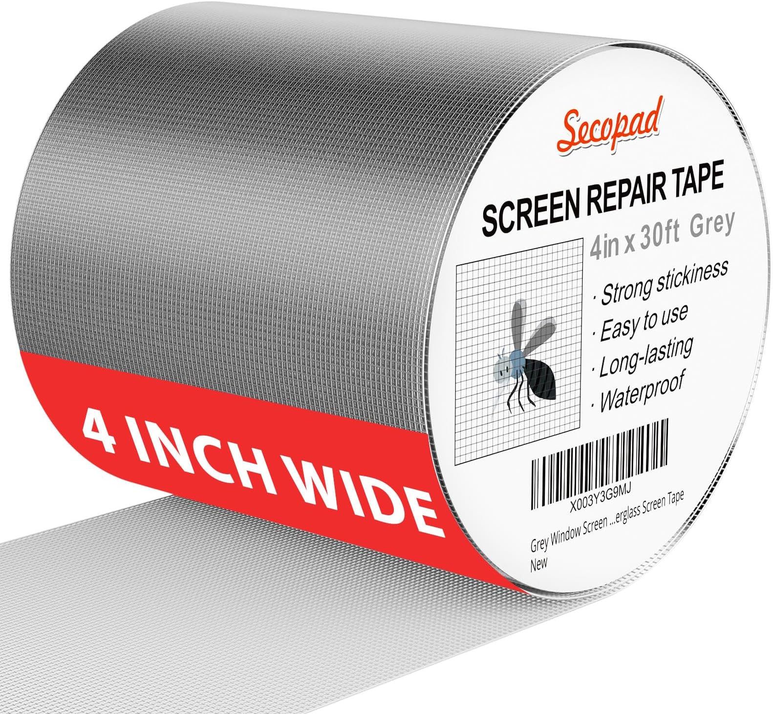 Secopad 4" x 360" (30FT) Screen Repair Tape, Screen Repair Kit, Grey | Window Screen Patch, Quick Repair, Strong Adhesive, Easy to Use, For Mesh Window & Door, Cuttable Fiberglass, No Tools Needed