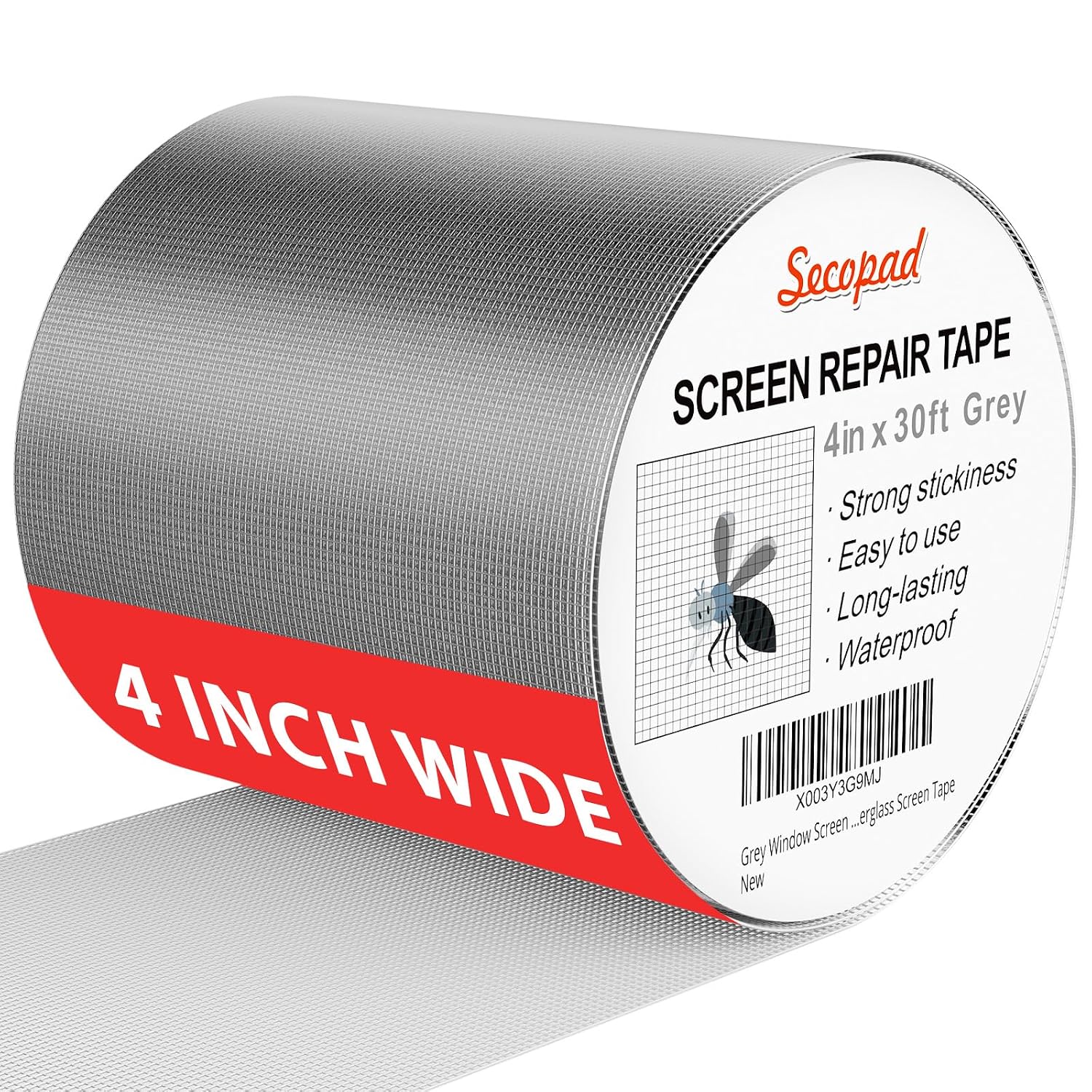 Secopad Black Window Screen Repair Kit, 4 in X 30 FT (360IN) Screen Repair Tape for Windows or Doors, Strong Adhesive Fiberglass Mesh Patch Tape