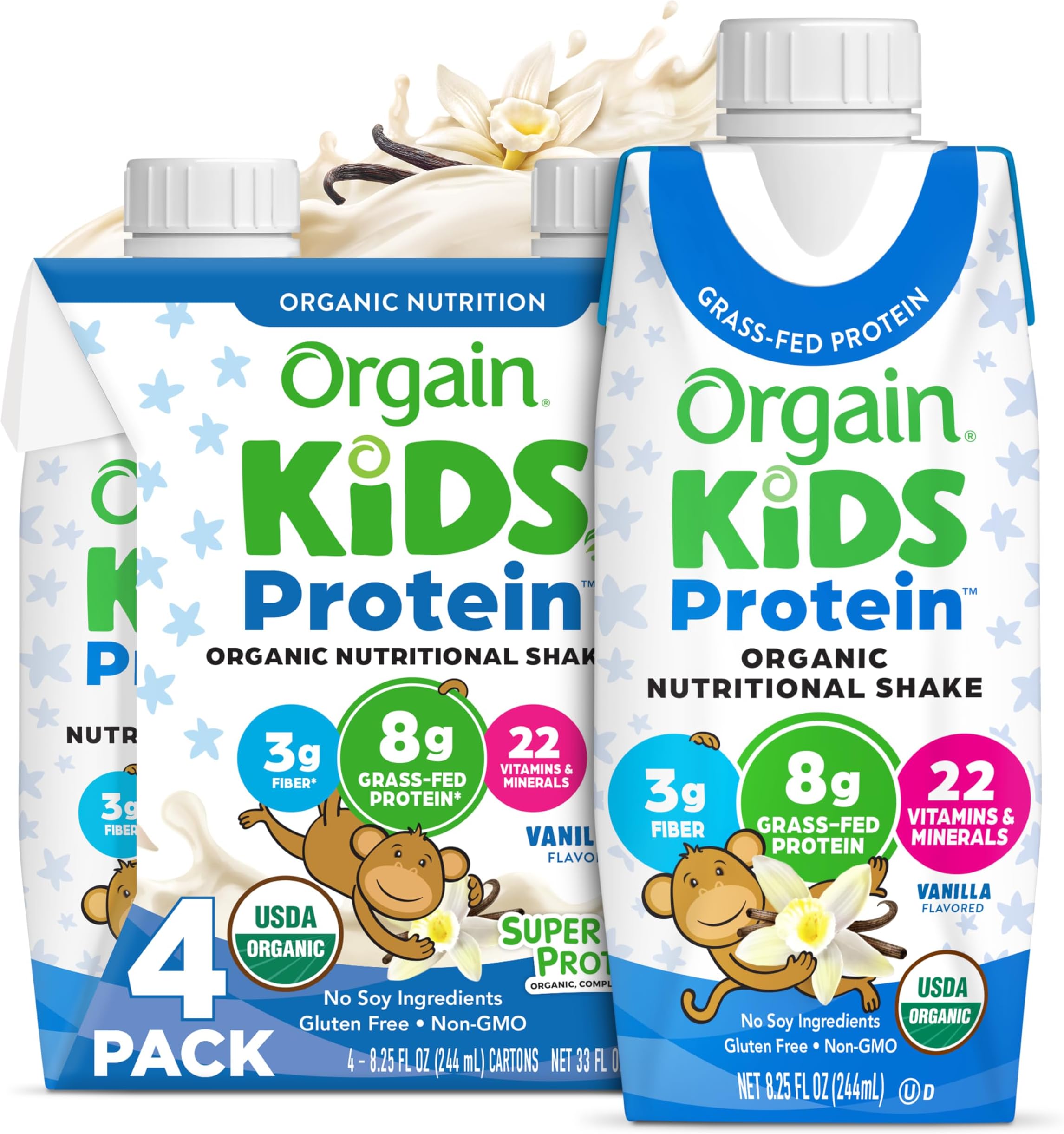 Organic Kids Nutritional Protein Shake, Vanilla, Healthy Kids Snacks, 8g Dairy Protein, 3g Fiber, 22 Vitamins & Minerals, No Soy ingredients, 8.25 Fl Oz (Packaging May Vary) (4 Pack)