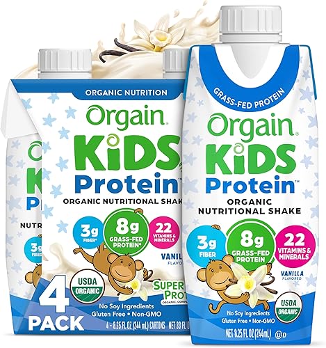 Orgain Organic Kids Batido nutricional de proteínas, sabor vainilla, refrigerio para niños con 0.28 onzas de proteína láctea, 22 vitaminas y